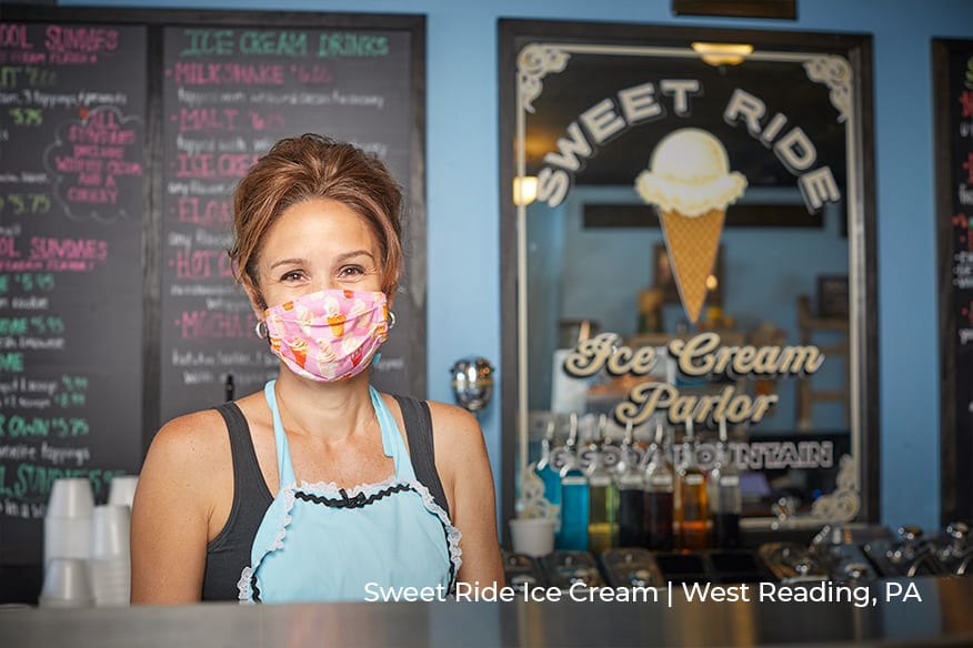 Woman poses in PPE at Sweet Ride Ice Cream in West Reading, PA