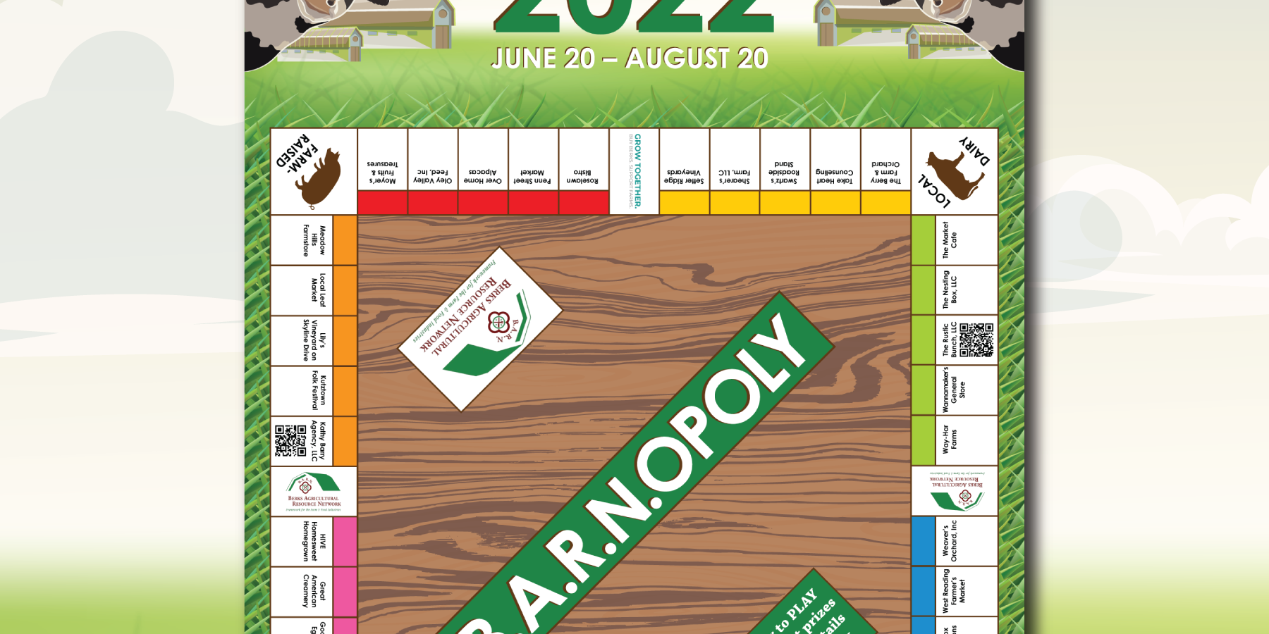 BARNOPOLY 2022 Picture of the design of the 2022 B.A.R.N.OPOLY Board.
